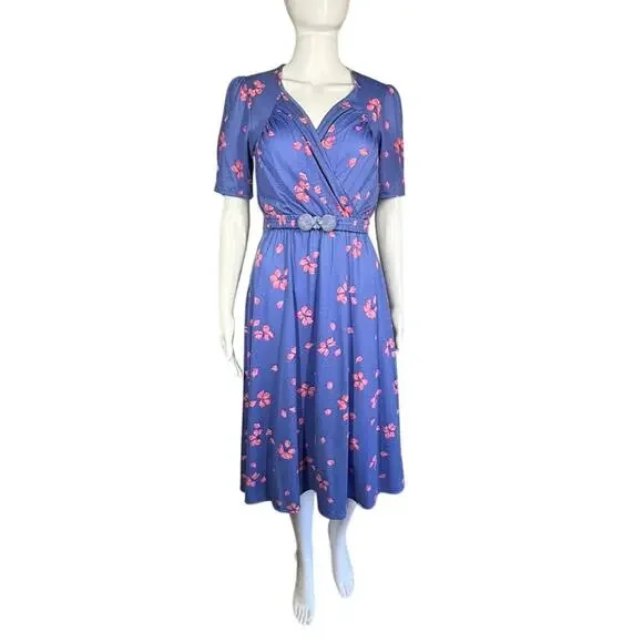 Christine Von Lumbe Vtg 80s Belted Floral Purple Pink Shell Buckle Dress Small - Picture 3 of 10